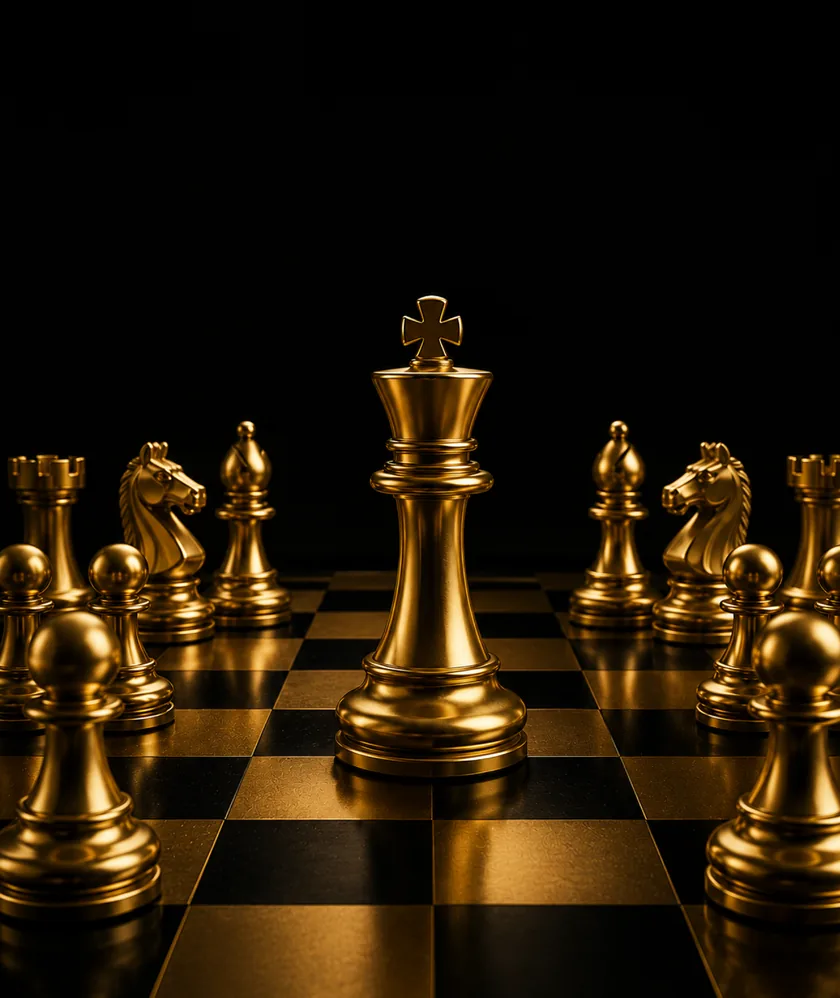 A gold chess king representing QuantovAI's long-term vision